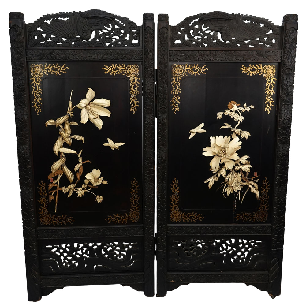 Large Antique Chinese Heavily Carved Hardwood Two Panel Screen With Carved Bone Relief Decoration and Lacquered Motif. 