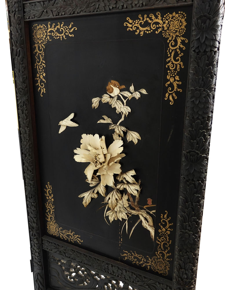 Large Antique Chinese Heavily Carved Hardwood Two Panel Screen With Carved Bone Relief Decoration and Lacquered Motif. 