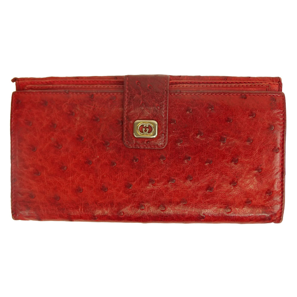 Retro Gucci Red Ostrich Leather Clutch Wallet.