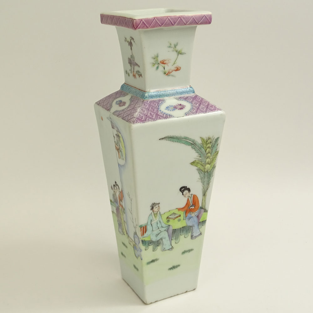 Vintage Chinese Export Hand Painted Porcelain Square Vase.