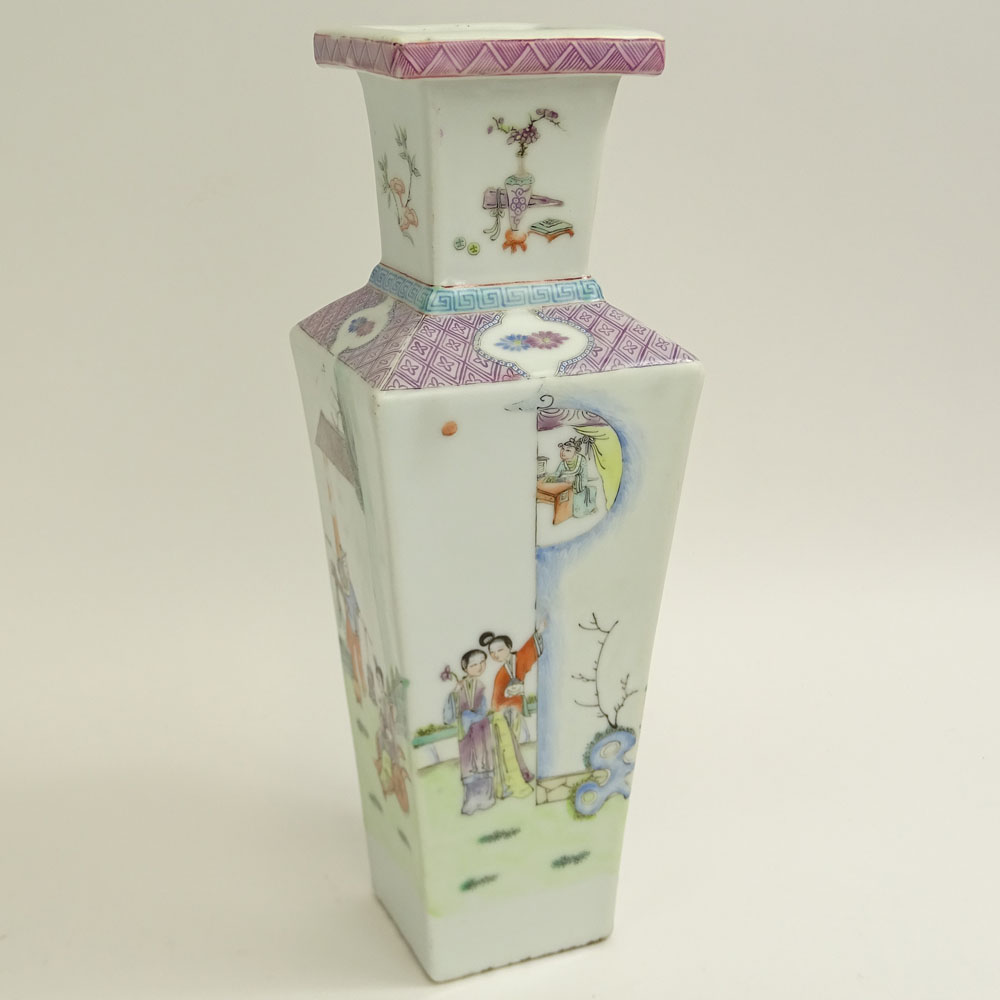 Vintage Chinese Export Hand Painted Porcelain Square Vase.
