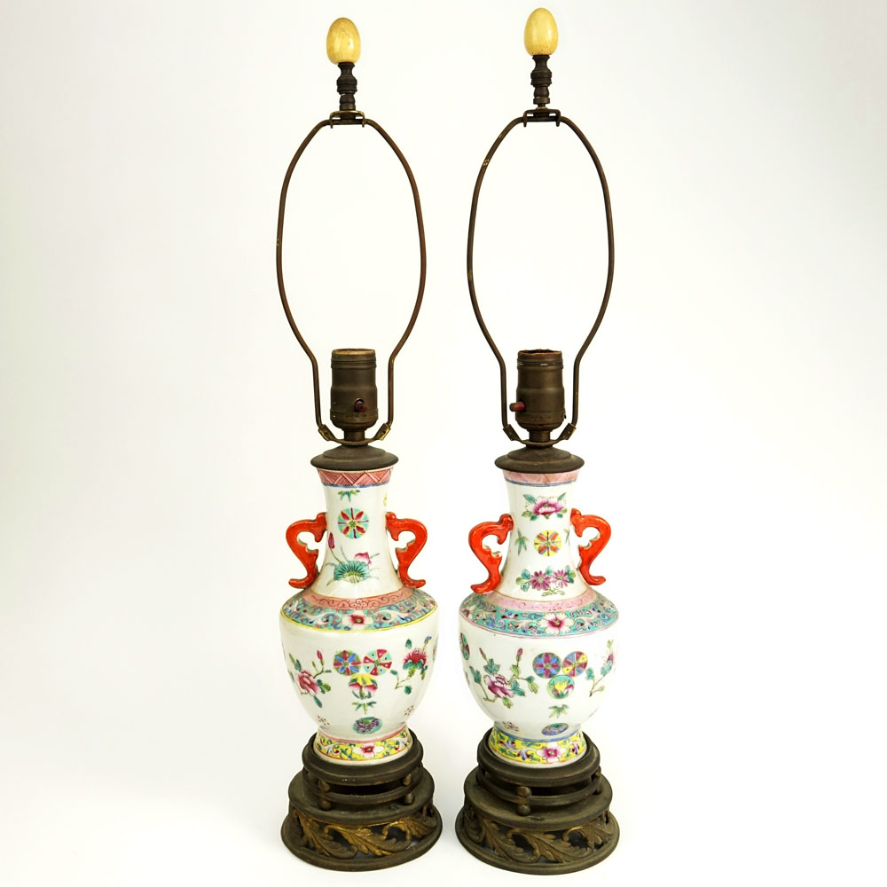Pair of Antique Chinese Export Porcelain Famille Rose Handled Vases Now As Lamps.