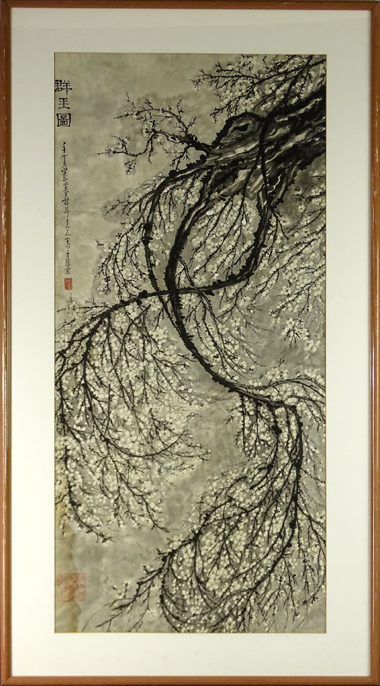 20th Century Chinese Ink and Wash on Paper, Prunus Blossoms. 