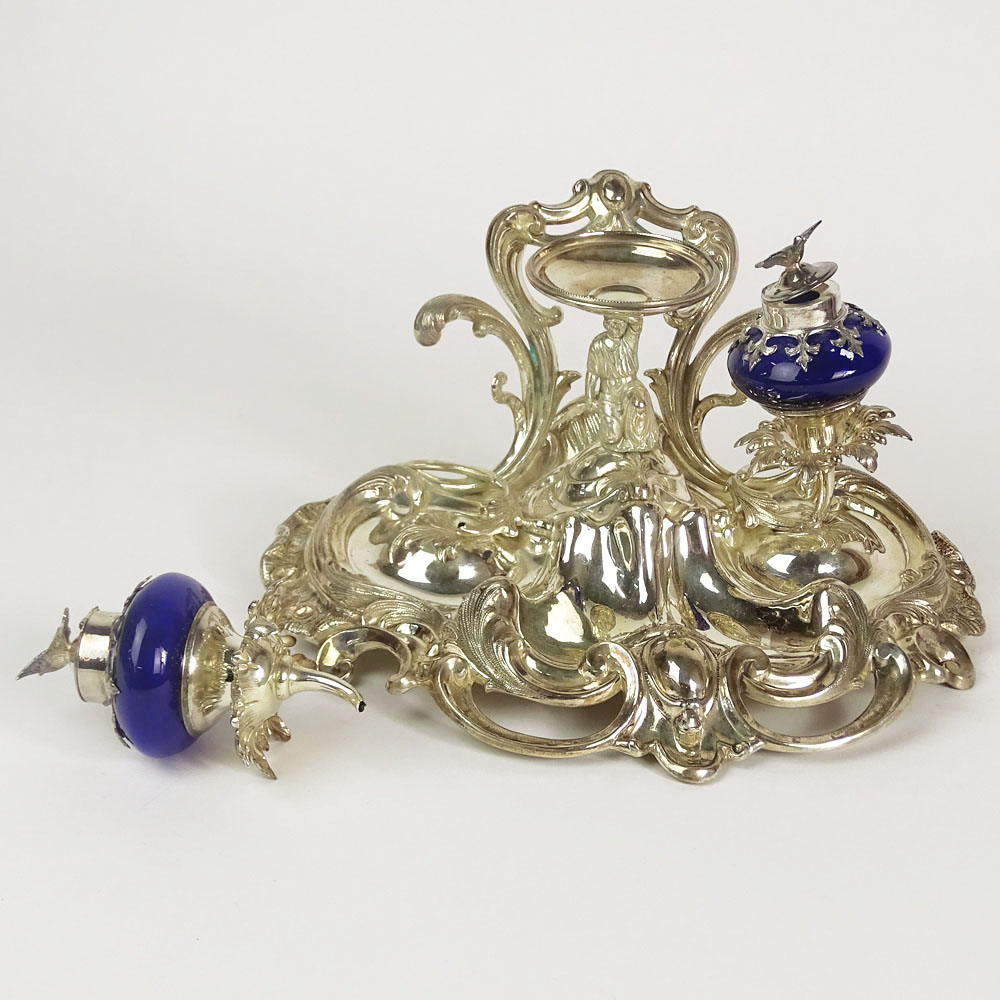 Antique Silver Plate and Porcelain Figural Ink Stand.