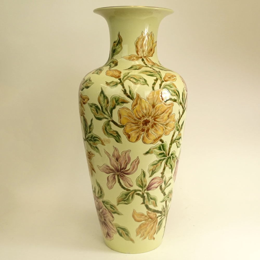 Monumental Zsolnay Natural Color Porcelain Vase. Hand Painted Floral motif.
