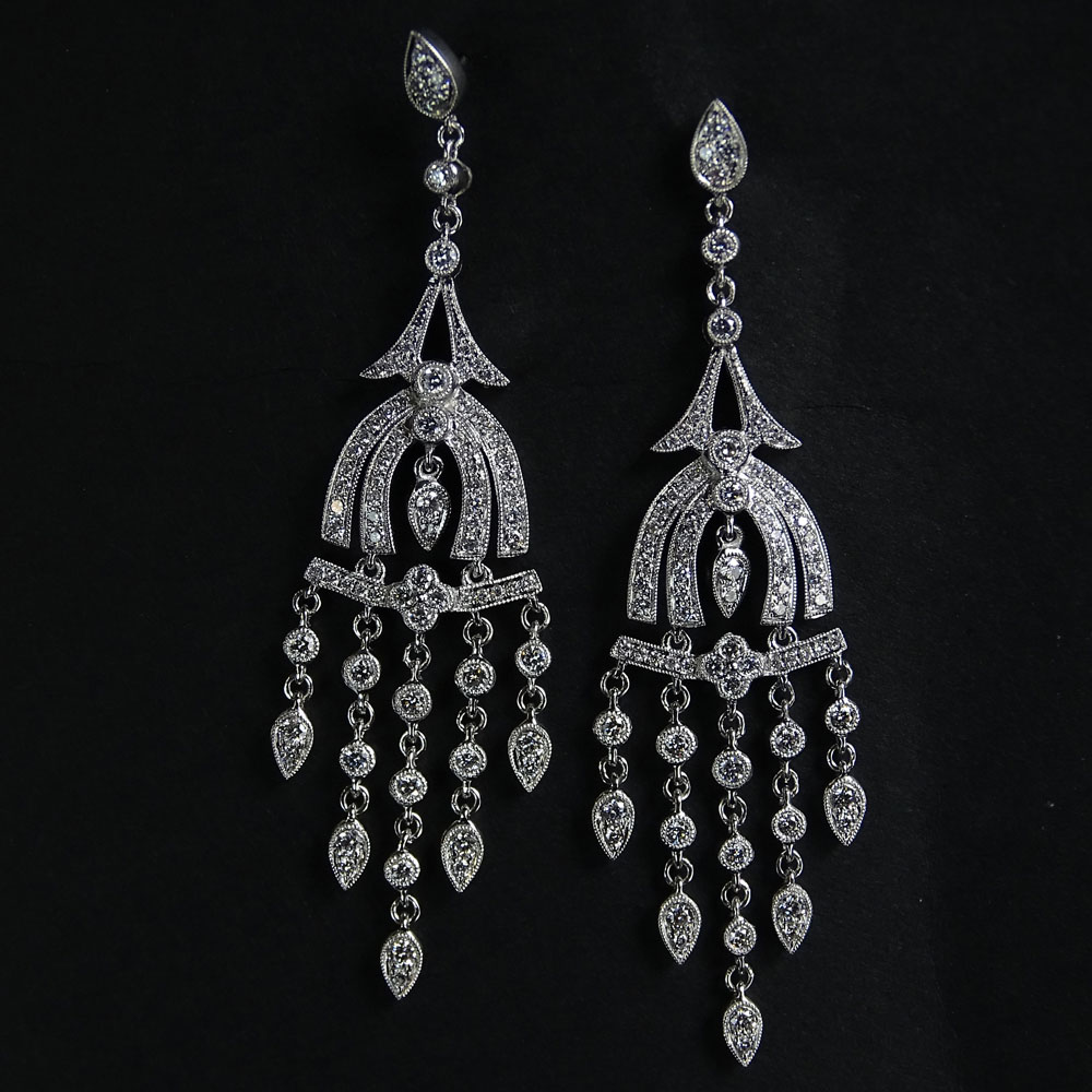 Delicate Approx. 3.0 Carat Round Brilliant Cut Diamond and 18 Karat White Gold Chandelier Earrings.