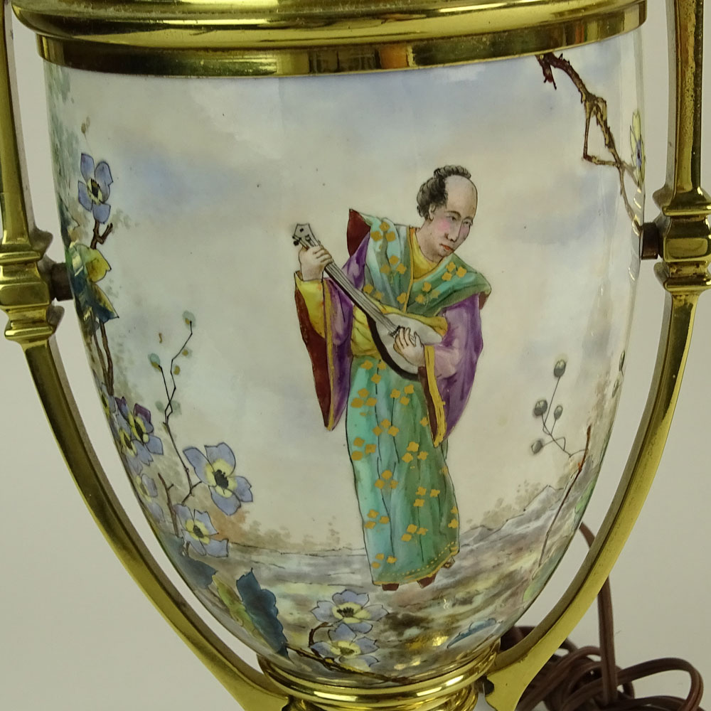 Pair of Early 20th C Japonism Brass Mounted Hand painted Faience Urns Now As lamps. Decorated by Louis Ernie.