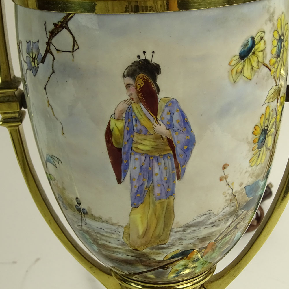 Pair of Early 20th C Japonism Brass Mounted Hand painted Faience Urns Now As lamps. Decorated by Louis Ernie.