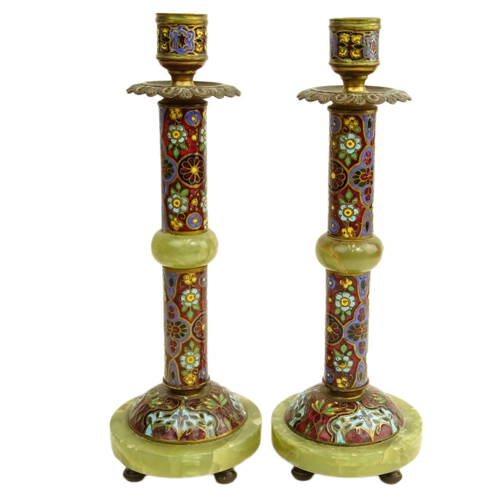 Pair Antique French Cloisonné and Onyx Candlesticks.