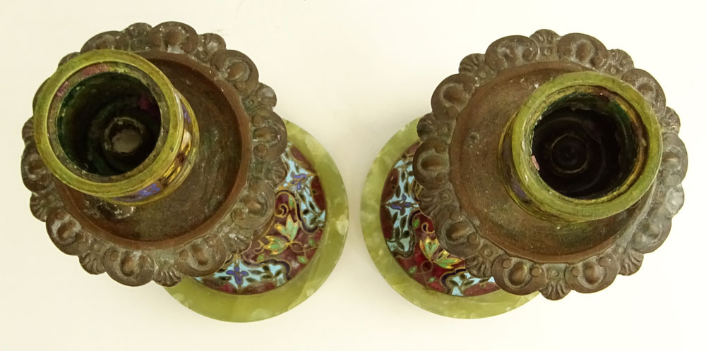 Pair Antique French Cloisonné and Onyx Candlesticks.