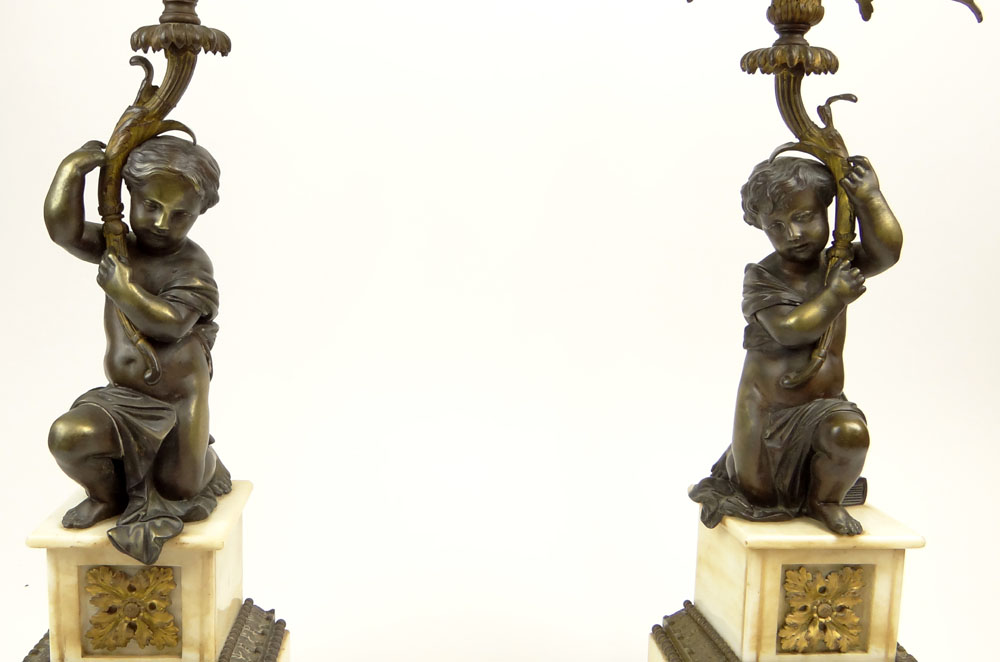 Pair of Antique French Bronze and Marble Figural Six Light Candelabra. Footed, Bronze Mountings. Brown, Gold Patina.