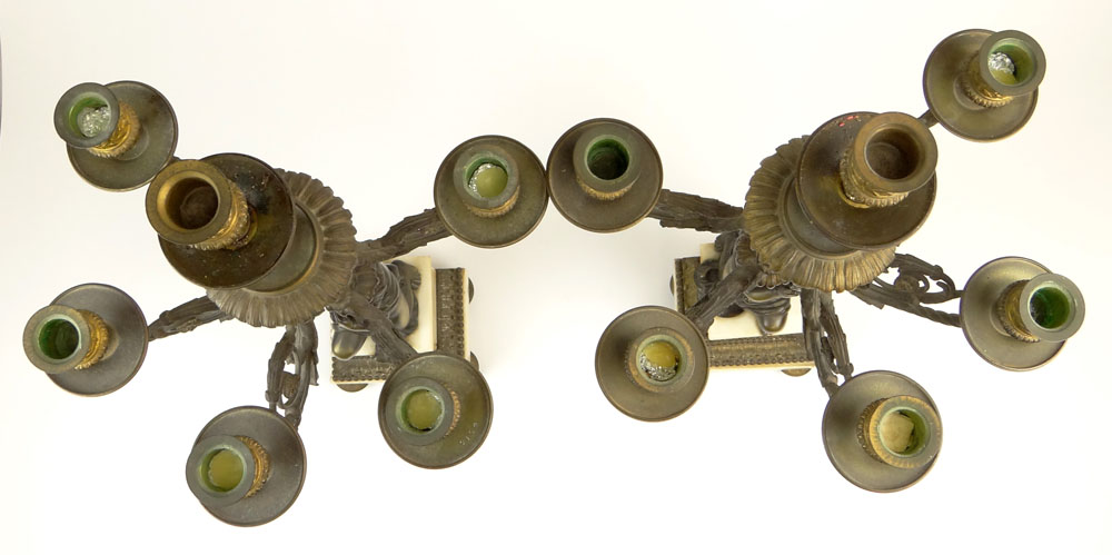 Pair of Antique French Bronze and Marble Figural Six Light Candelabra. Footed, Bronze Mountings. Brown, Gold Patina.