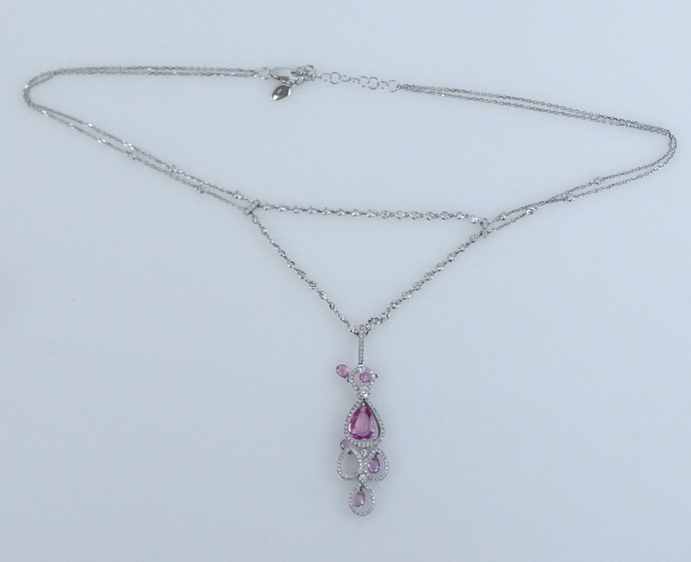 Delicate Approx. 4.25 Carat Pink Sapphire, 3.0 Carat Round Brilliant Cut Diamond and 18 Karat White Gold Necklace. 