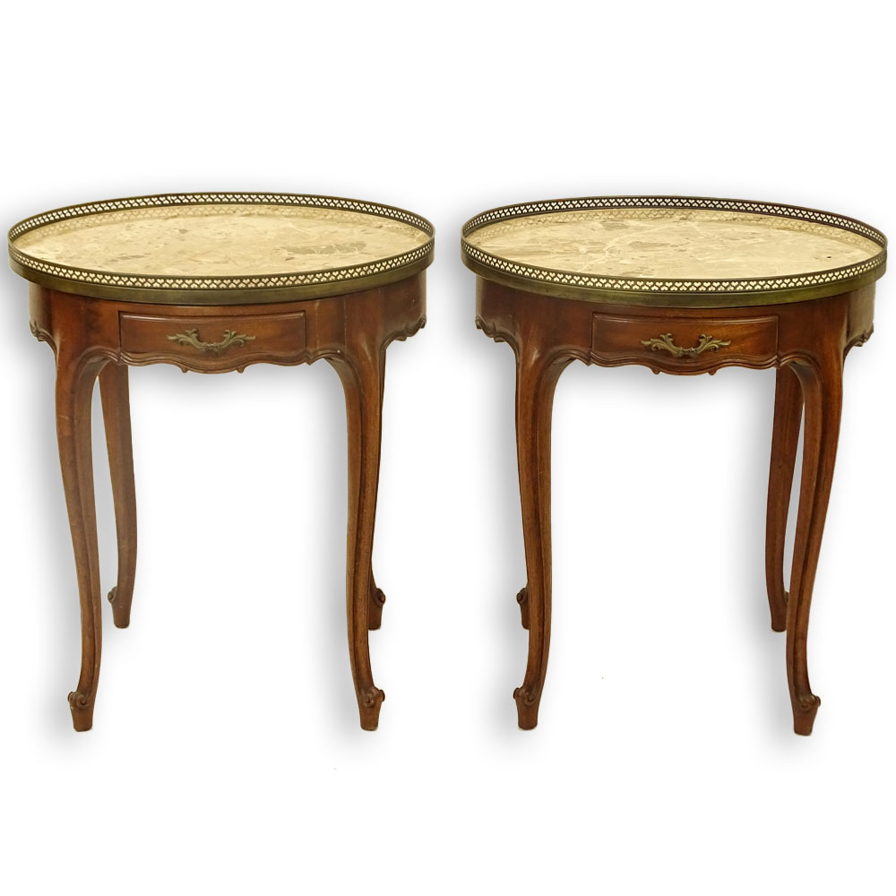Pair of French Louis XV Style Marble Top Tables With Pierced Brass Gallery. Each with one drawer and bronze mountings.