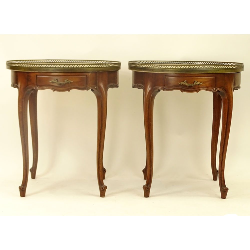 Pair of French Louis XV Style Marble Top Tables With Pierced Brass Gallery. Each with one drawer and bronze mountings.