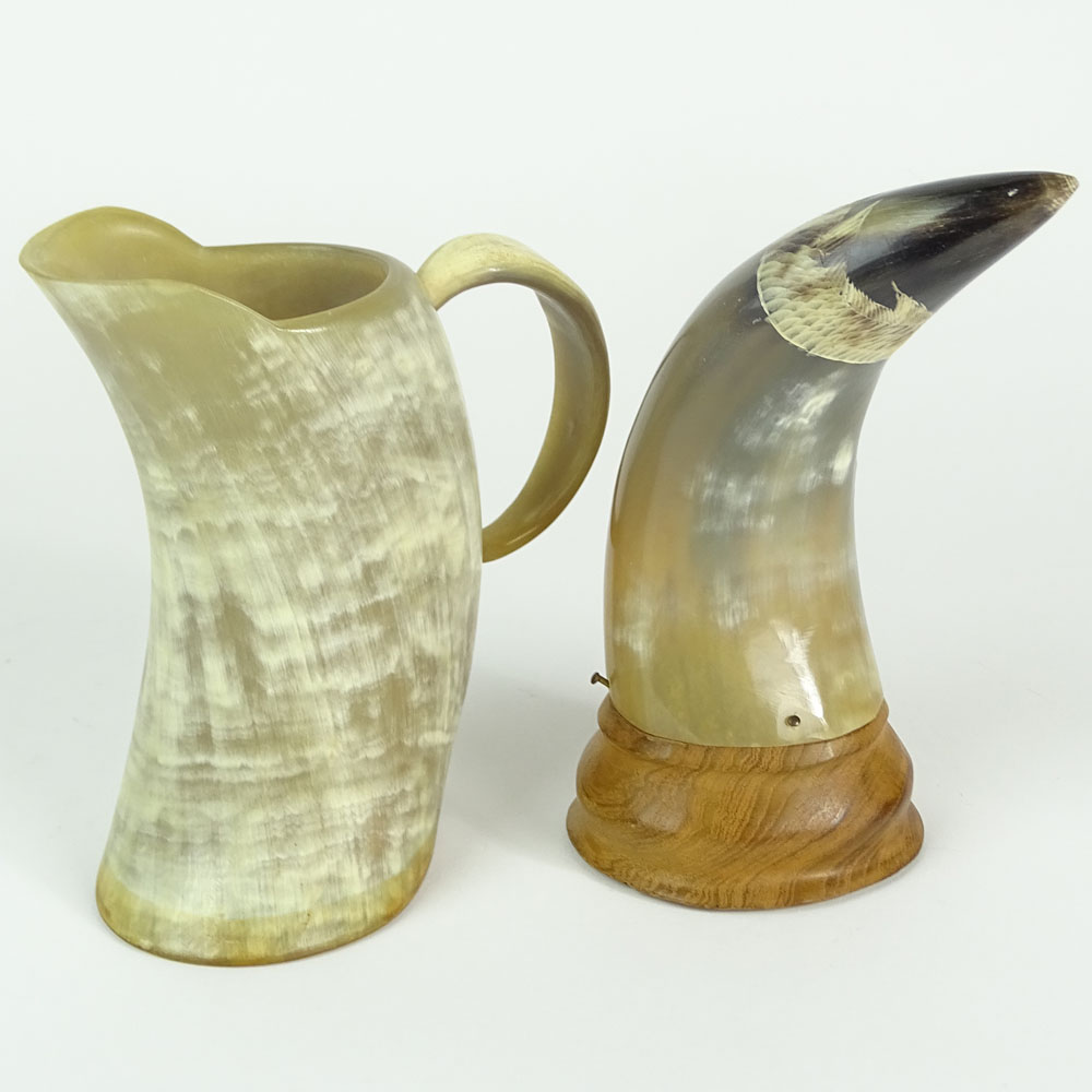 Two Pieces Vintage Carved Horn. One, a cup/pitcher with wood bottom. 