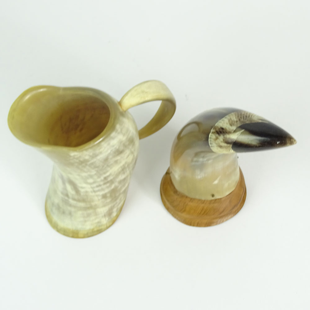 Two Pieces Vintage Carved Horn. One, a cup/pitcher with wood bottom. 