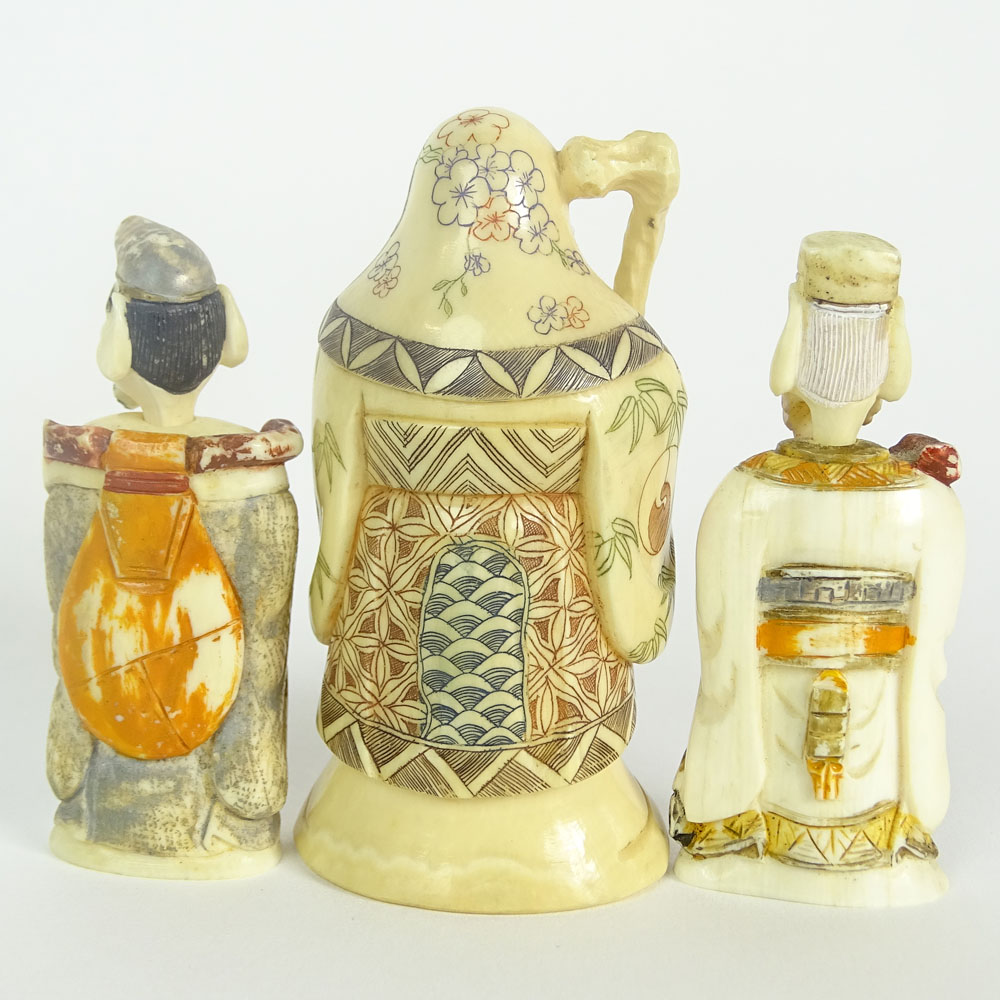 Lot of Three (3) Vintage Carved Ivory Snuff Bottles and Figurine.