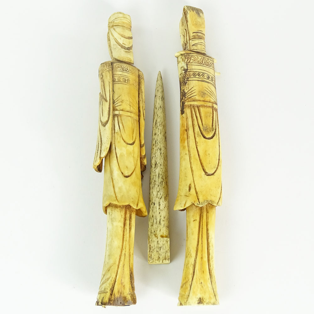 Collection of Two Carved Bone Figures and a Bone Implement/Tool.