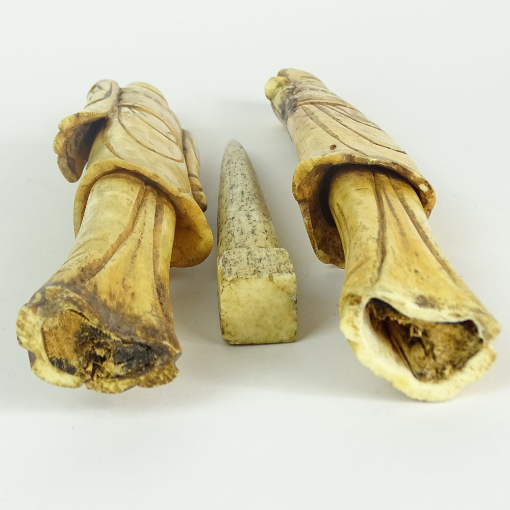 Collection of Two Carved Bone Figures and a Bone Implement/Tool.