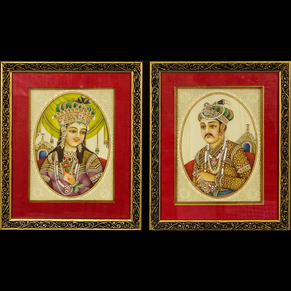 Pair of Vintage Indian Pierced Ivory Enameled and Jeweled Paintings.