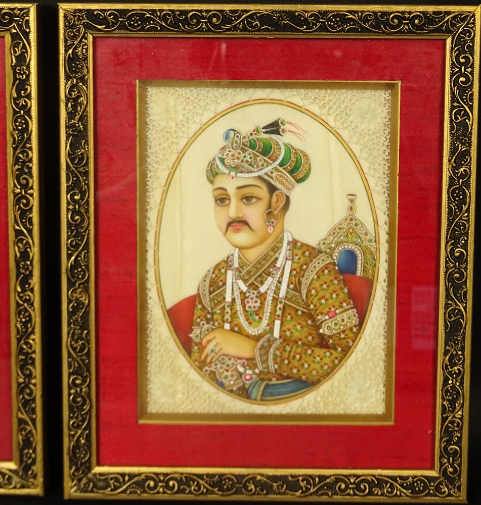 Pair of Vintage Indian Pierced Ivory Enameled and Jeweled Paintings.
