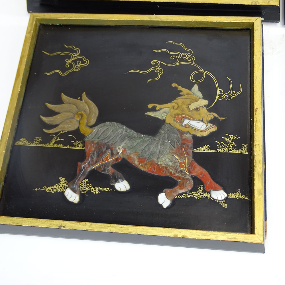 Collection of Four (4) Vintage Chinese Hardstone decorative panels. Each depicting a mythical beast.