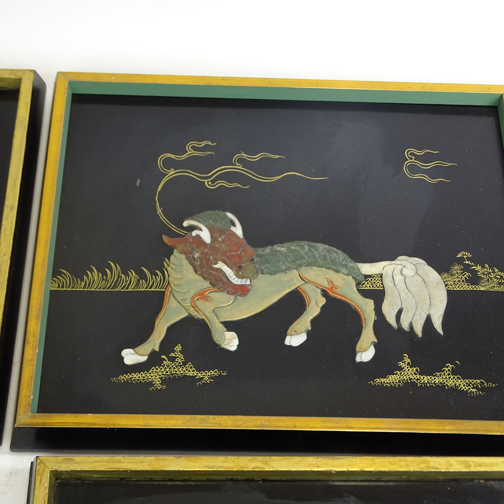 Collection of Four (4) Vintage Chinese Hardstone decorative panels. Each depicting a mythical beast.