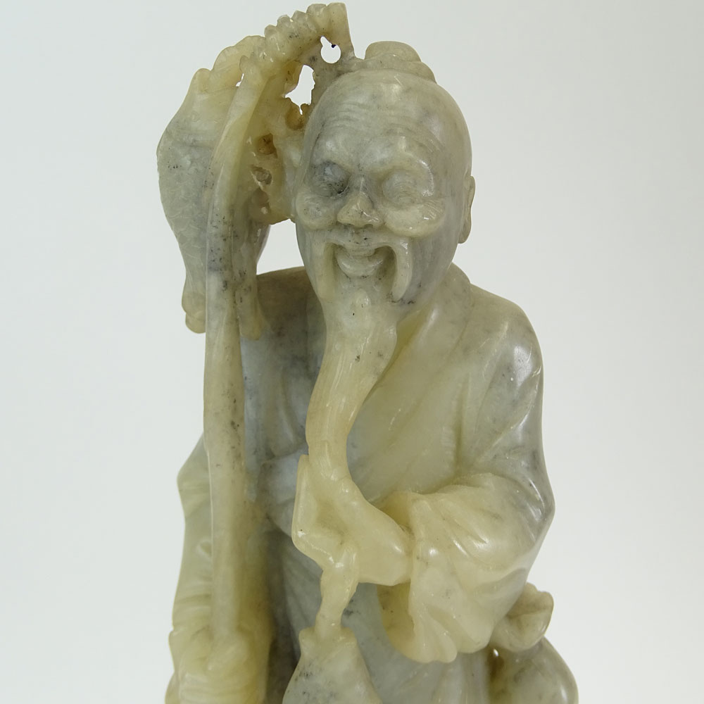 Vintage Chinese Carved Soap Stone Figure of a Fisherman On Soap Stone Base.