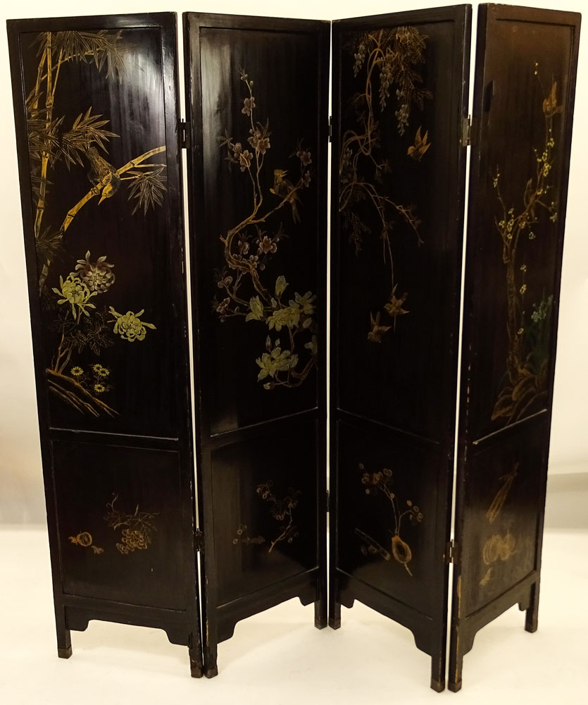 Vintage Chinese Lacquered Inlaid and Applied Mother Of Pearl Four paneled Screen.