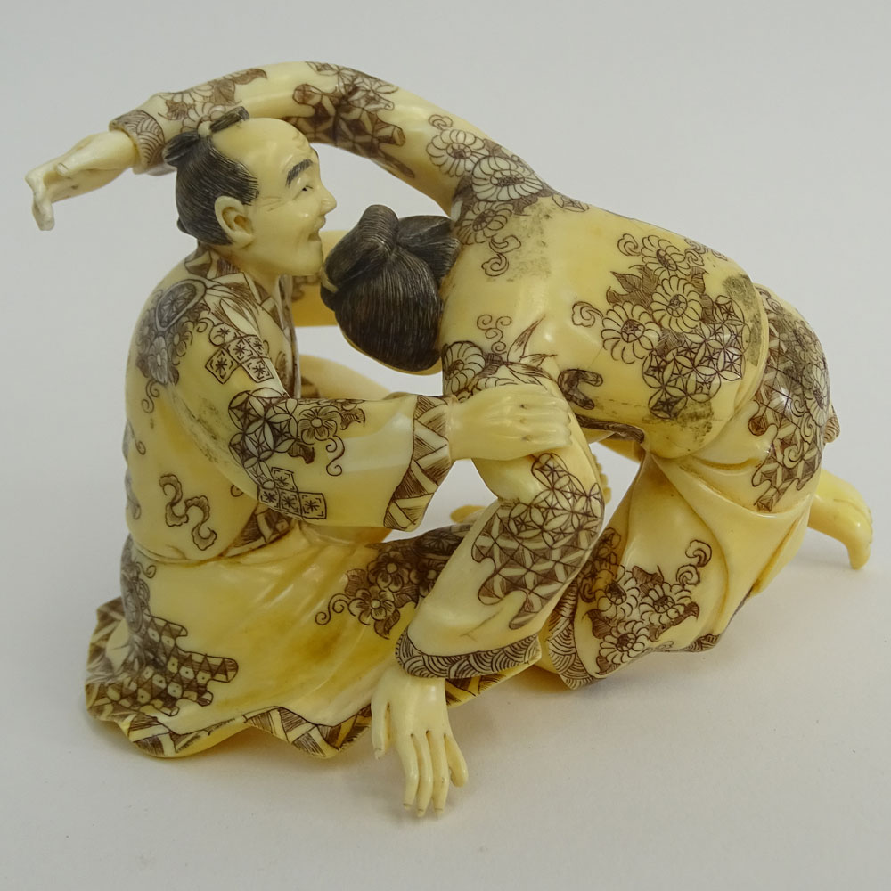 Vintage Two (2) Part Japanese Carved Ivory Erotic Couple Okimono.
