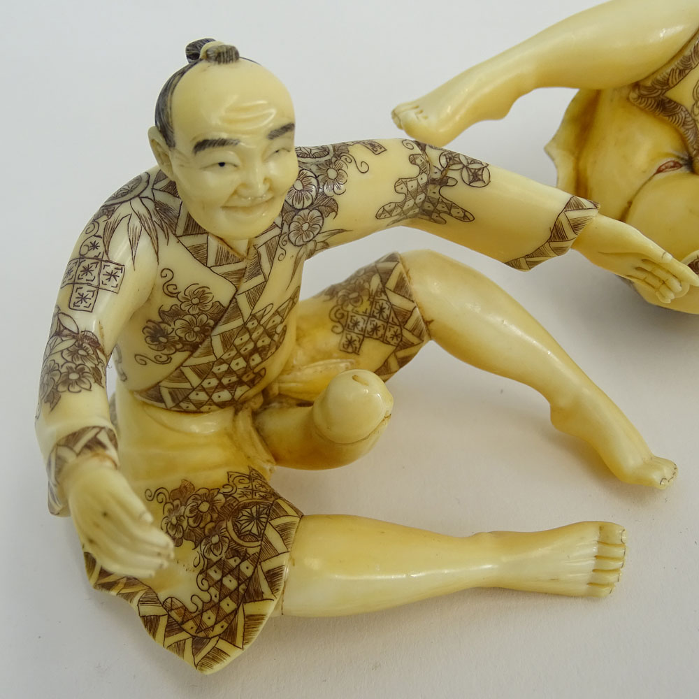 Vintage Two (2) Part Japanese Carved Ivory Erotic Couple Okimono.
