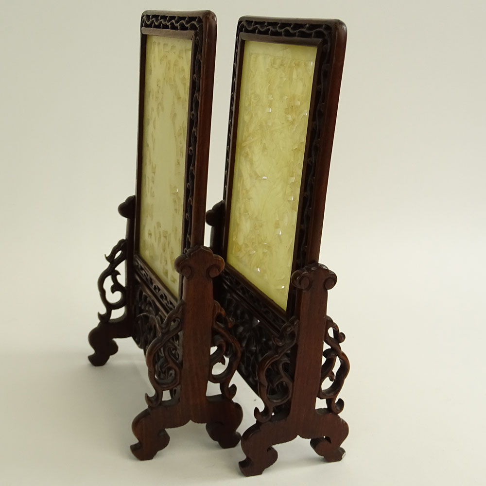 Pair of Vintage Chinese Carved Reticulated White Jade Table Screens in Hardwood Frames.