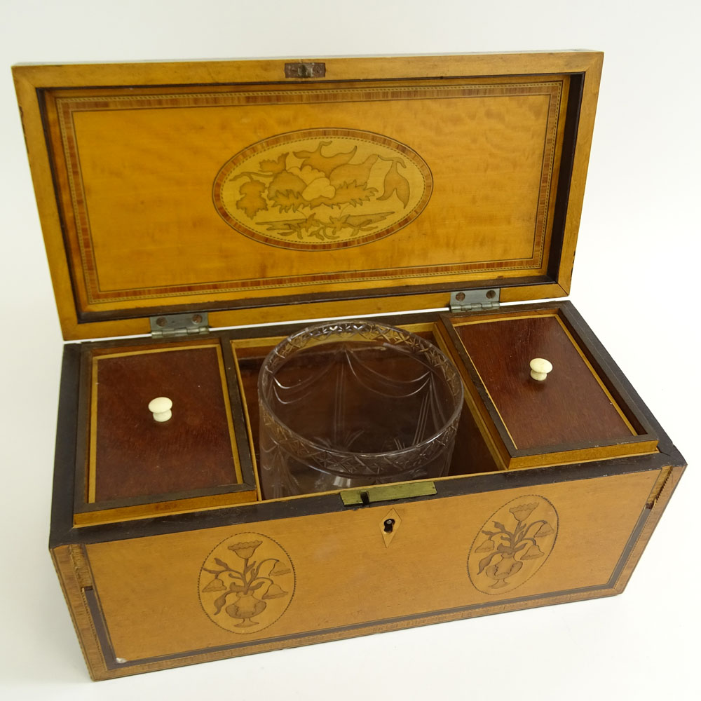 Antique English Inlaid Satinwood Tea Caddy. Two compartments and glass mixing bowl.