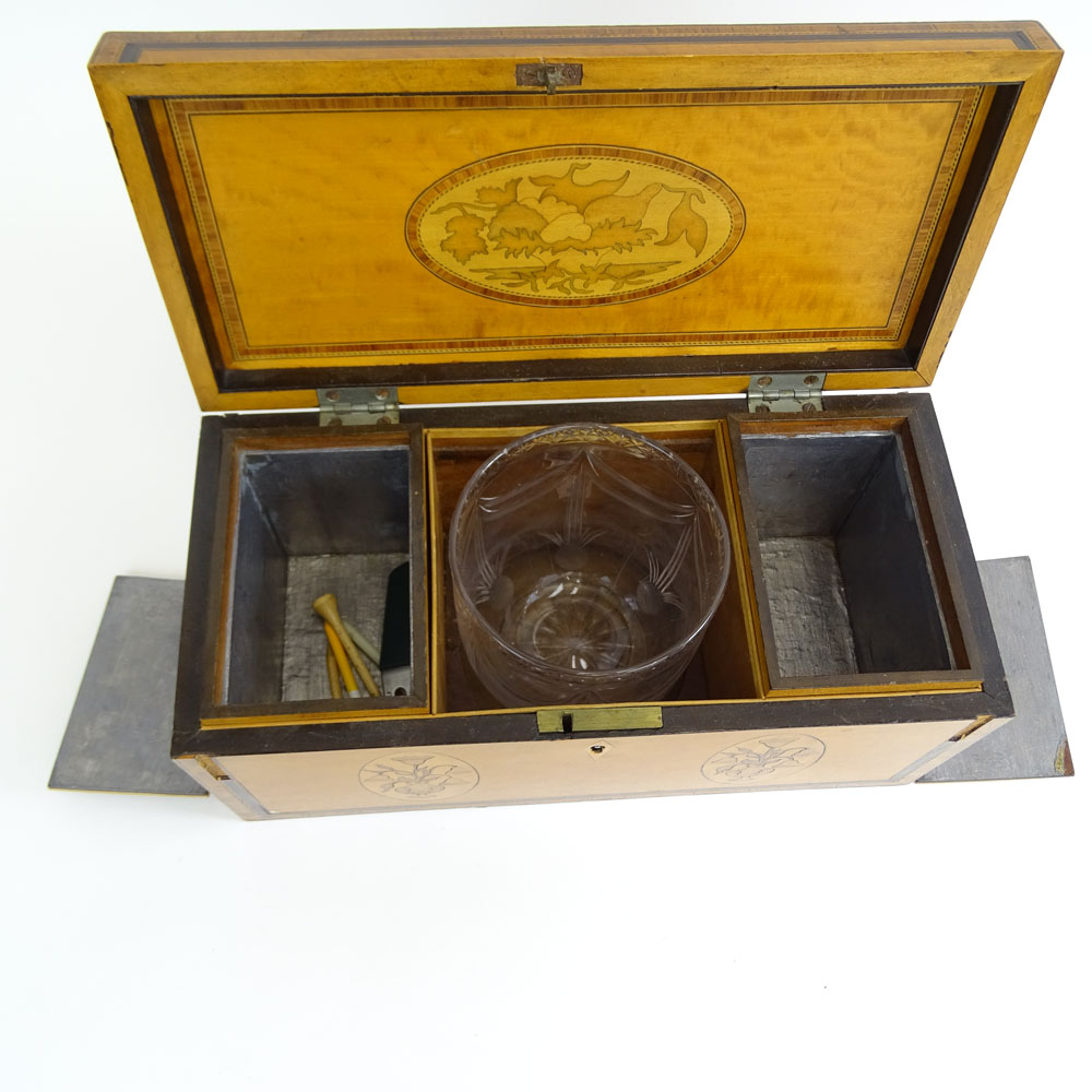 Antique English Inlaid Satinwood Tea Caddy. Two compartments and glass mixing bowl.