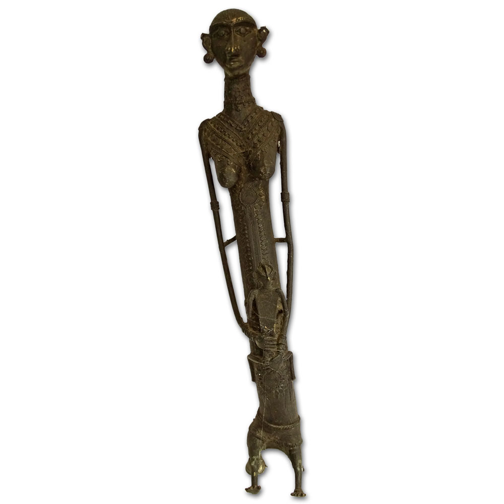 Tall Vintage African Bronze Figure Depicting a Mother and Child.