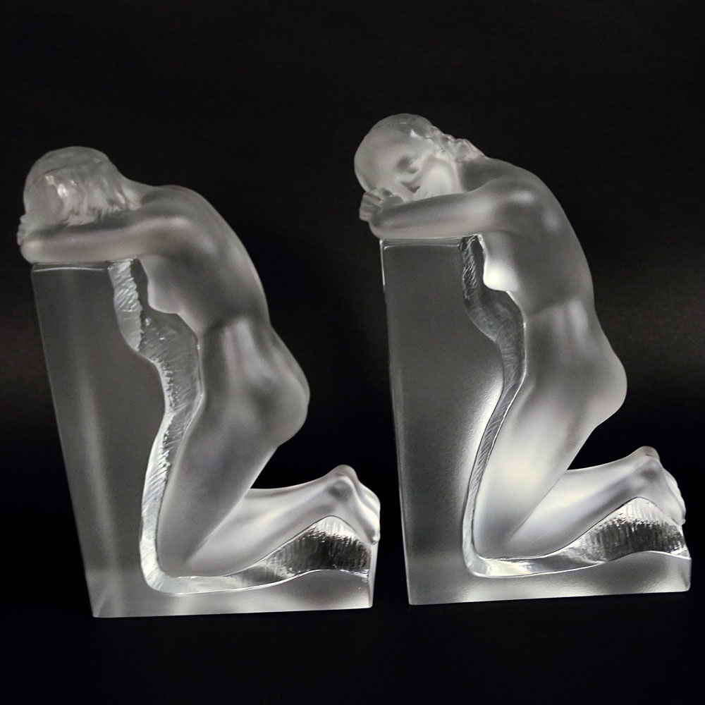 Pair Lalique "Reverie" Crystal Bookends.