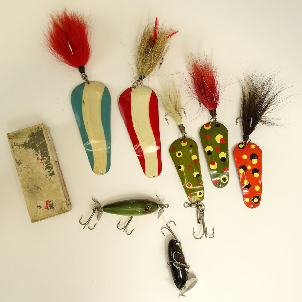 Lot of Nine (9) Vintage Fishing Lures. Includes, jitterbugs, spoon spinners. 