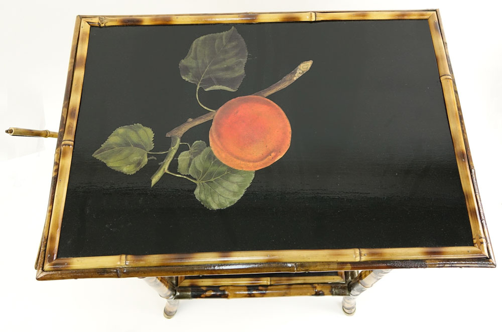 Vintage Lacquered Bamboo Small Table With 2 Fold Up Shelves. Decorated with Fruit Motif.