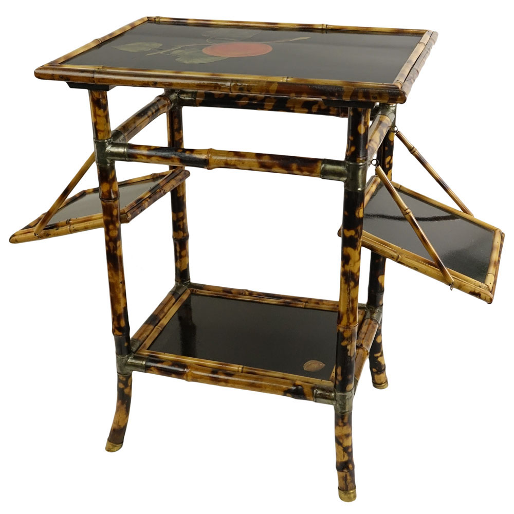 Vintage Lacquered Bamboo Small Table With 2 Fold Up Shelves. Decorated with Fruit Motif.