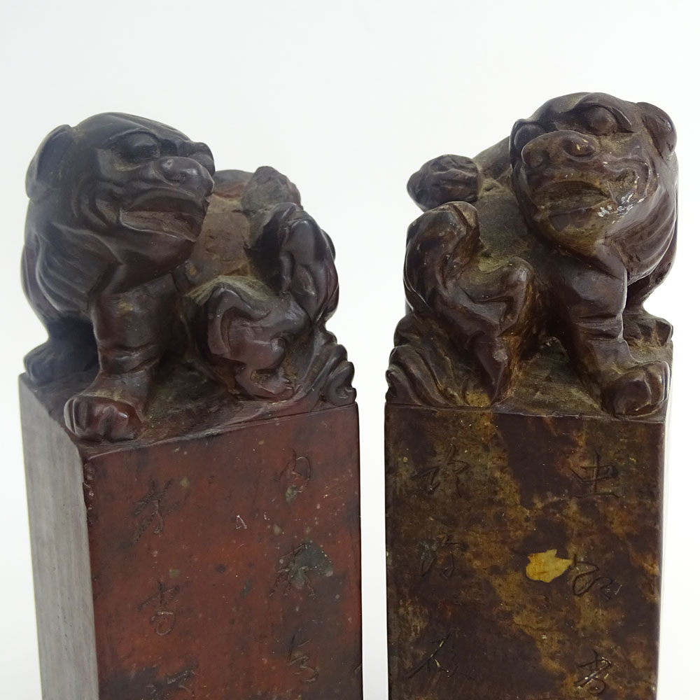 Pair of Antique Chinese Hardstone Figural Seal Chops.