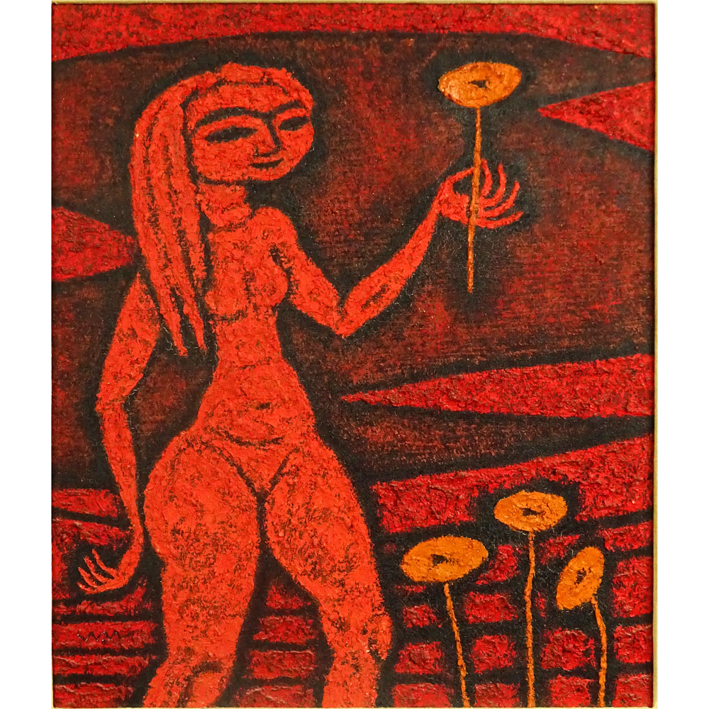 Waro Wakao, Japanese (20th C) Oil on canvas "Nude With Flower" 