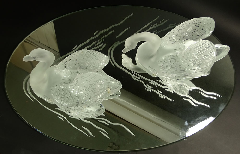 Pair Lalique Crystal Swans On Etched Plateau.