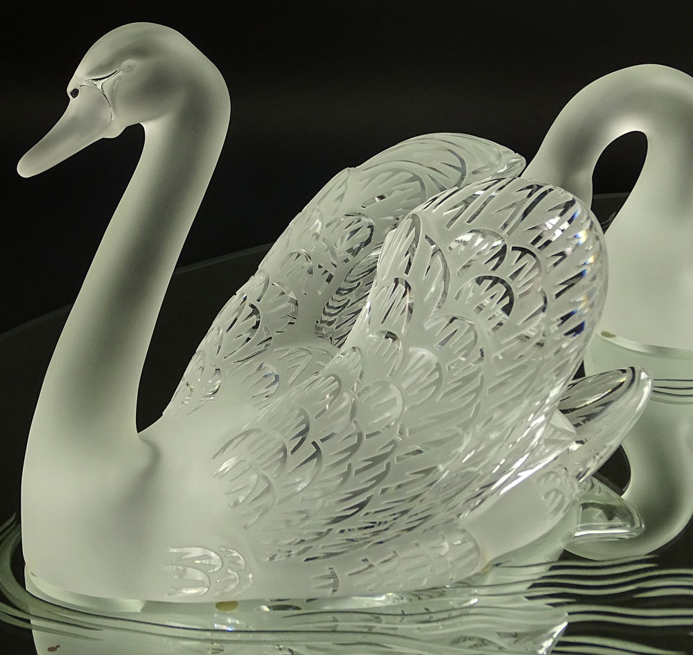 Pair Lalique Crystal Swans On Etched Plateau.