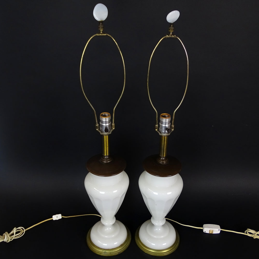 Pair of Vintage French White Opaline Lamps