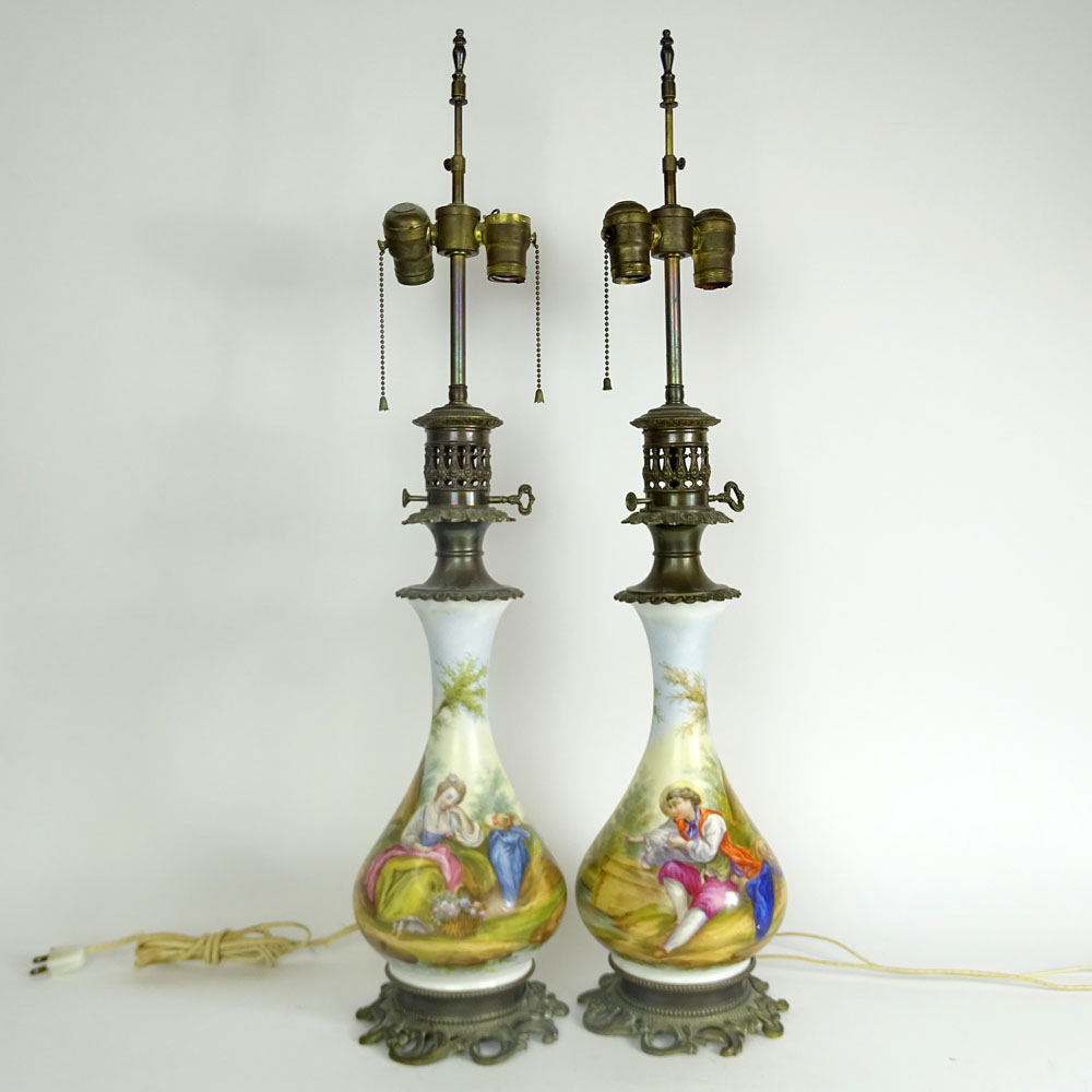 Pair of Vintage French Hand Painted Porcelain and Bronze Lamps.