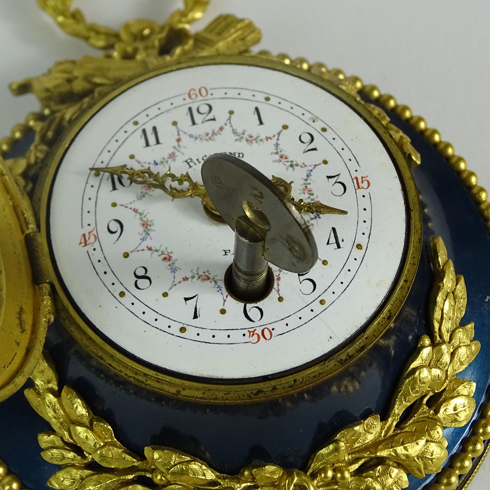 Small Antique French Bronze Mounted Enameled and Jeweled Hanging Clock.