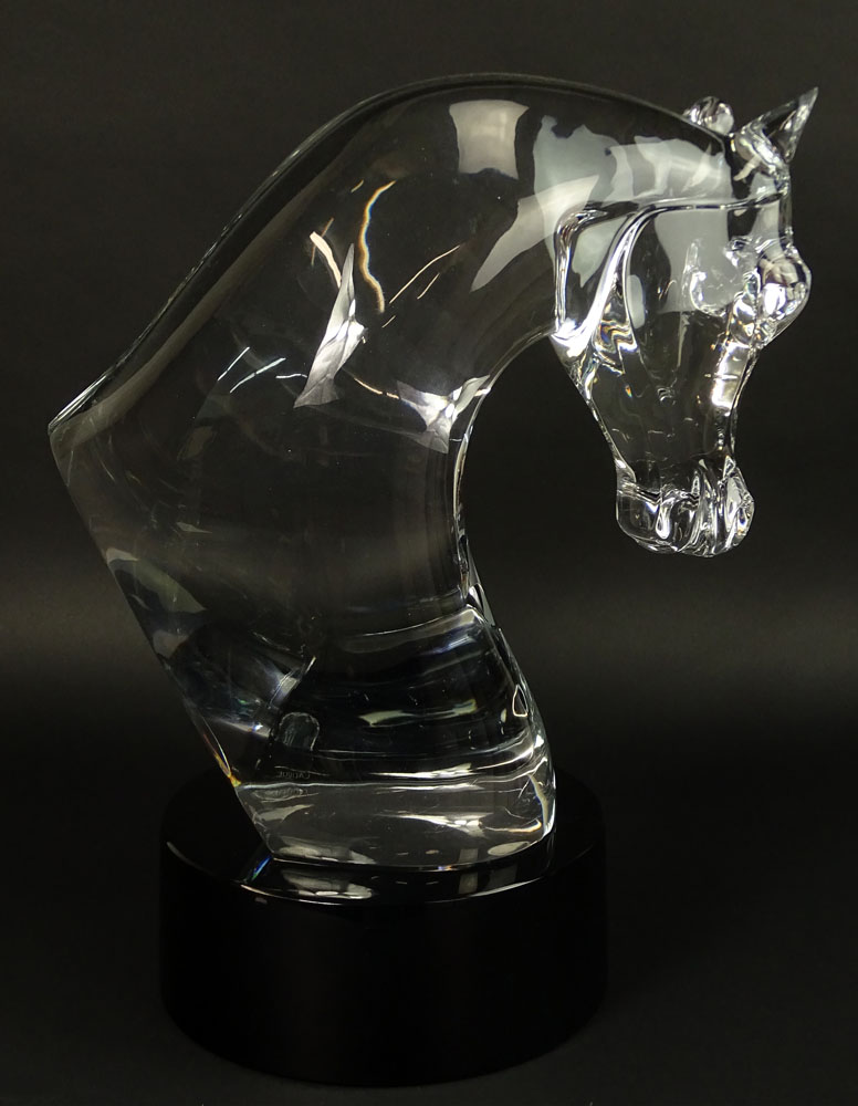 Lalique Crystal Horse Head Sculpture on Black Crystal Base.