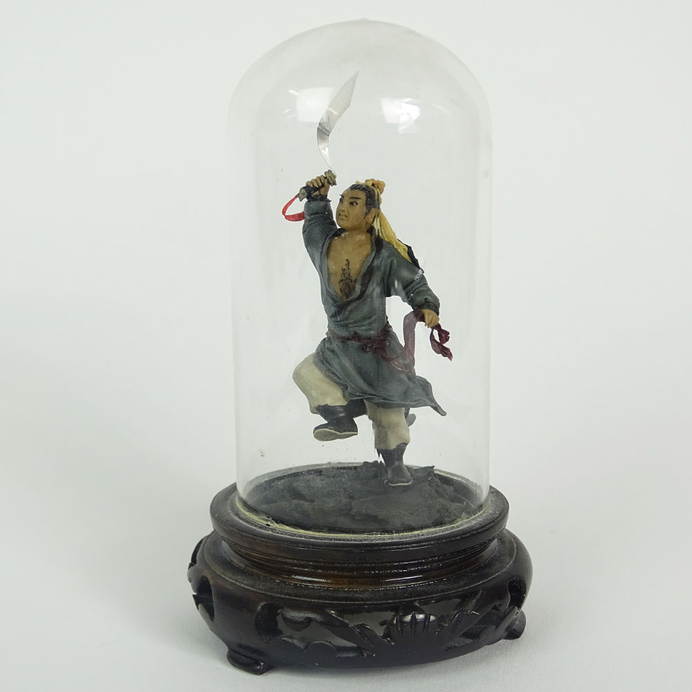 Vintage Miniature Hand Painted Chinese Warrior Figure Under Glass.