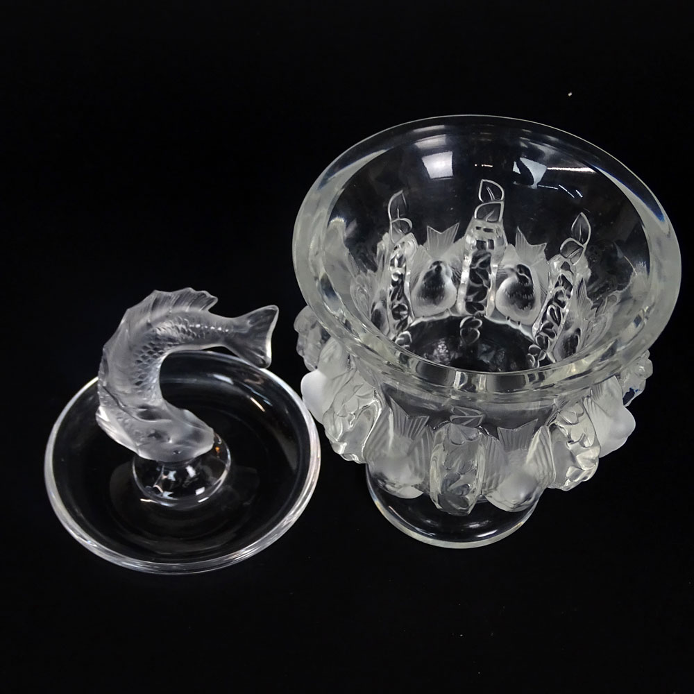 Two Pieces Lalique Art Glass. Includes "Goujon" ring tray, "Dampierre" Vase 5". 